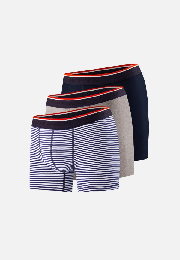 Trio de boxers longs en coton - Pack Trio Boxer Michel Marinière Marine Gris Chiné
