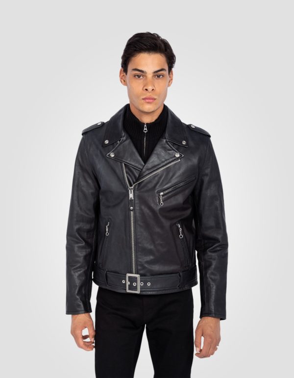 Blouson Perfecto  noir avec ceinture, cuir de vachette