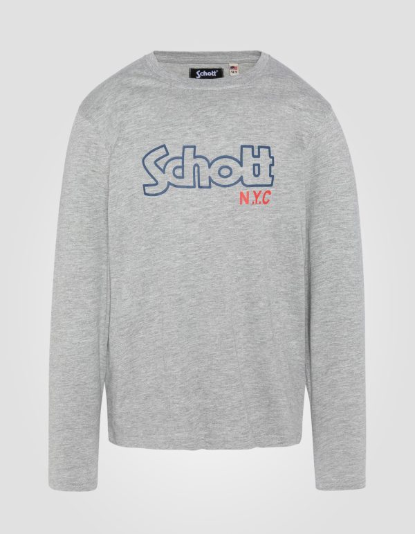 T-shirt imprimé gris chiné à manches longues